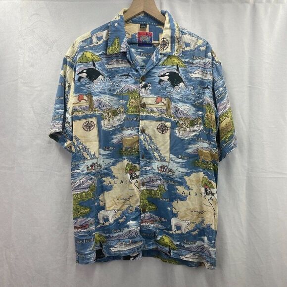 Dem Crazy Shirt Men's Size Large Short Sleeve Button Up Hawaiian Alaska Map Blue - Picture 2 of 5
